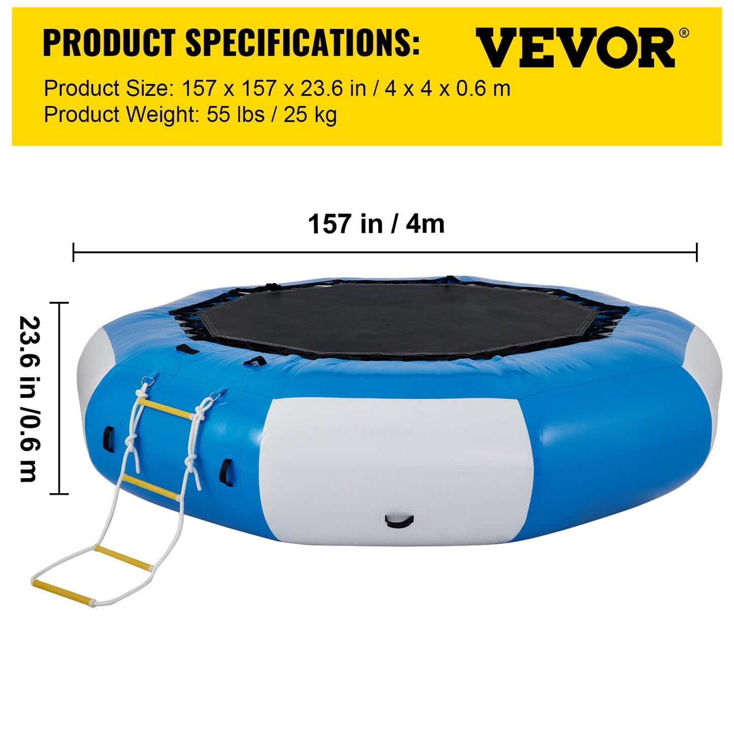 Inflatable Water Trampoline, 13ft Recreational Water Bouncer with Escalator, Round Inflatable Water Trampoline in Blue and White, Floating Trampoline for Lakes, Pools, Calm Sea