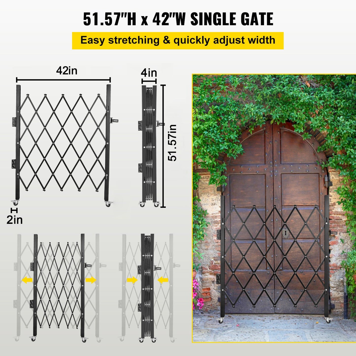 Single Folding Security Gate, 48\" H x 37\" W Folding Door Gate, Steel Accordion Security Gate, Flexible Expanding Security Gate, 360° Rolling Barricade Gate, Scissor Gate or Door with Padlock