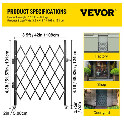 Single Folding Security Gate, 48\" H x 37\" W Folding Door Gate, Steel Accordion Security Gate, Flexible Expanding Security Gate, 360° Rolling Barricade Gate, Scissor Gate or Door with Padlock