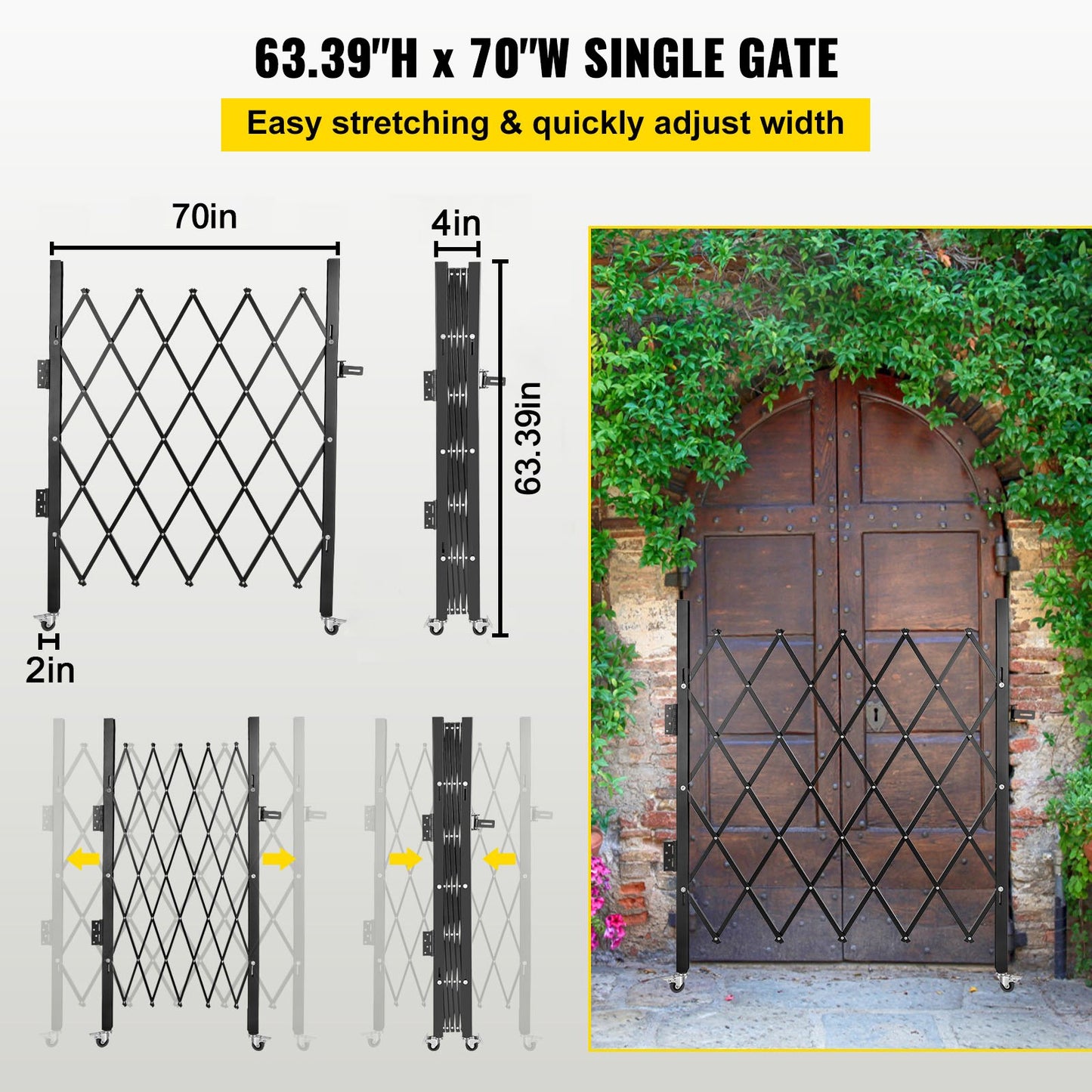 Single Folding Security Gate, 5\' H x 5-1/2\' W Folding Door Gate, Steel Accordion Security Gate, Flexible Expanding Security Gate, 360° Rolling Barricade Gate, Scissor Gate/Door with Padlock