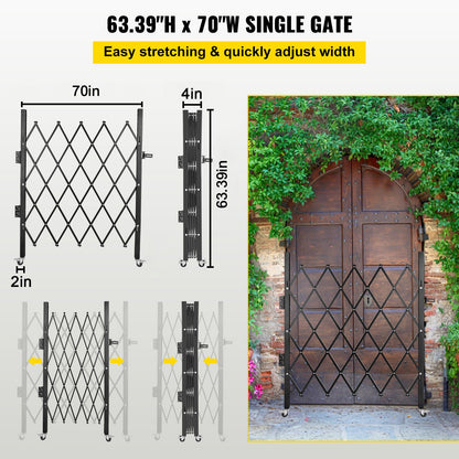 Single Folding Security Gate, 5\' H x 5-1/2\' W Folding Door Gate, Steel Accordion Security Gate, Flexible Expanding Security Gate, 360° Rolling Barricade Gate, Scissor Gate/Door with Padlock