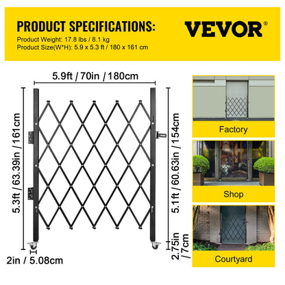 Single Folding Security Gate, 5\' H x 5-1/2\' W Folding Door Gate, Steel Accordion Security Gate, Flexible Expanding Security Gate, 360° Rolling Barricade Gate, Scissor Gate/Door with Padlock