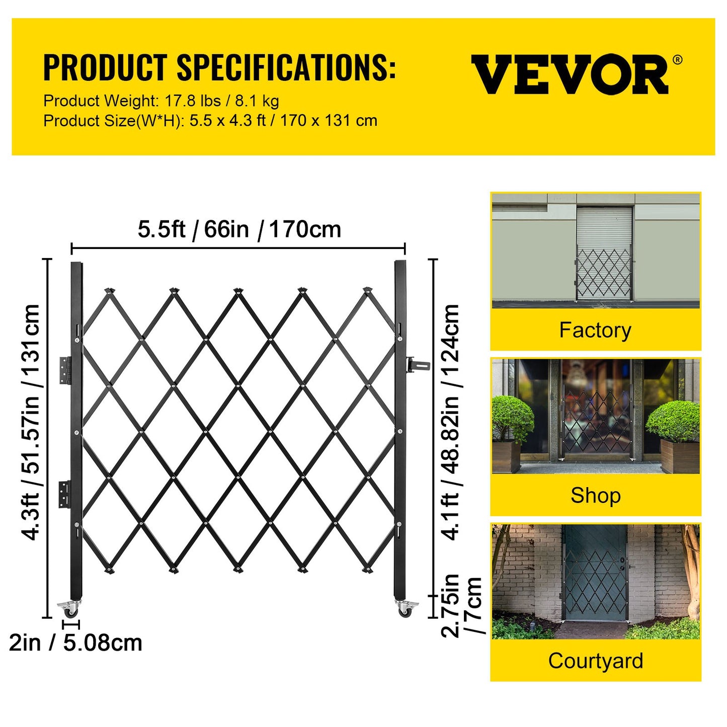 Single Folding Security Gate, 48\" H x 66\" W Folding Door Gate, Steel Accordion Security Gate, Flexible Expanding Security Gate, 360° Rolling Barricade Gate, Scissor Gate or Door with Padlock
