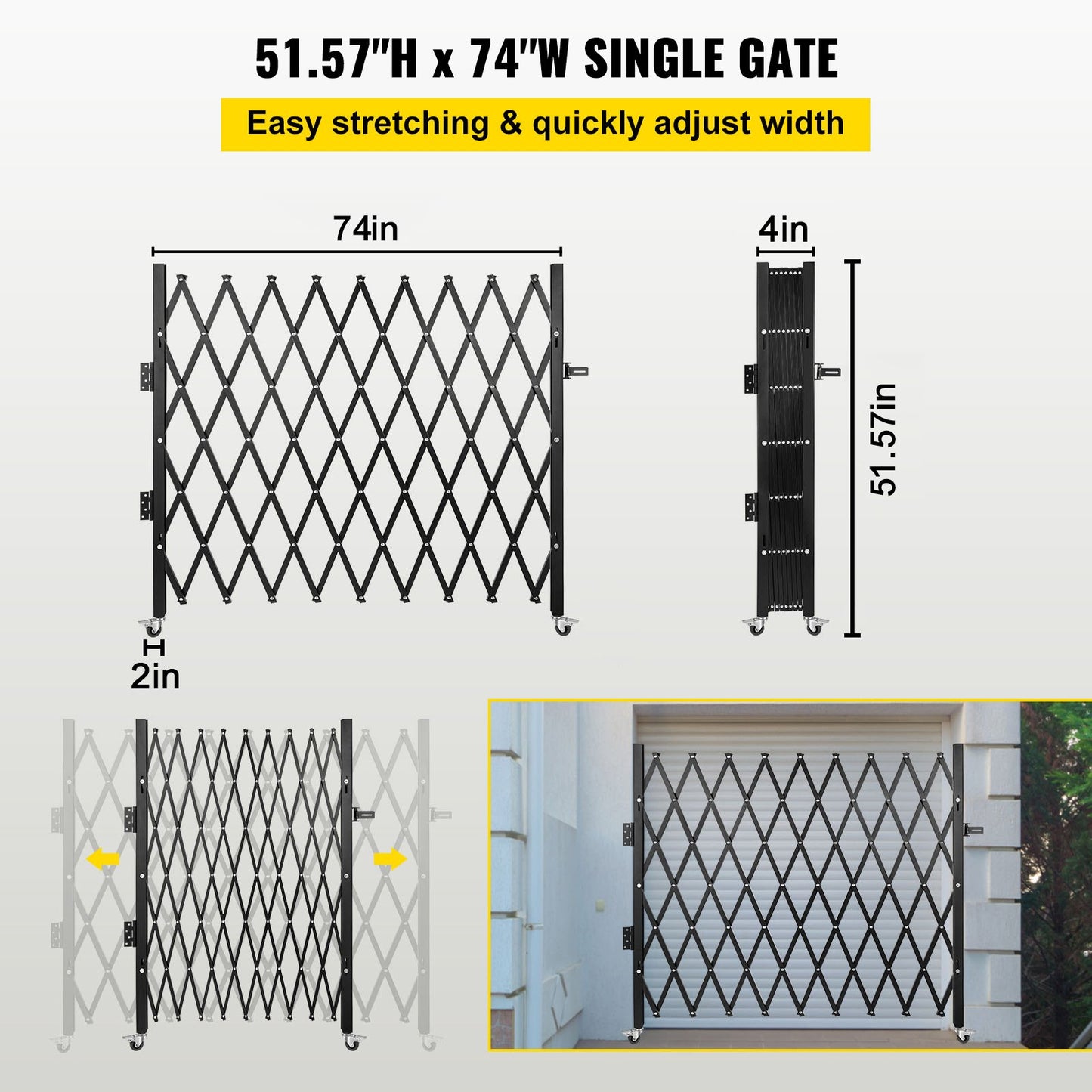 Single Folding Security Gate, 74"W x 51.57"H Folding Door Gate, Steel Accordion Security Gate, Flexible Expanding Security Gate, 360° Rolling Barricade Gate, Scissor Gate or Door with Padlock