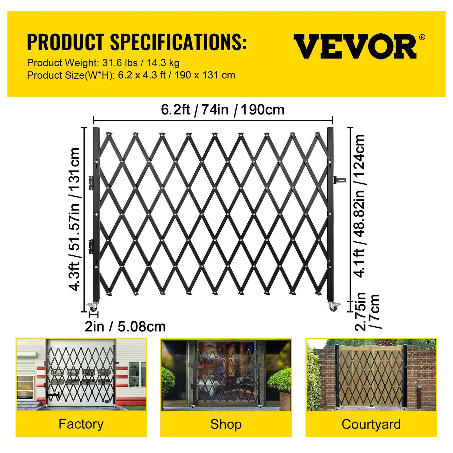 Single Folding Security Gate, 74"W x 51.57"H Folding Door Gate, Steel Accordion Security Gate, Flexible Expanding Security Gate, 360° Rolling Barricade Gate, Scissor Gate or Door with Padlock