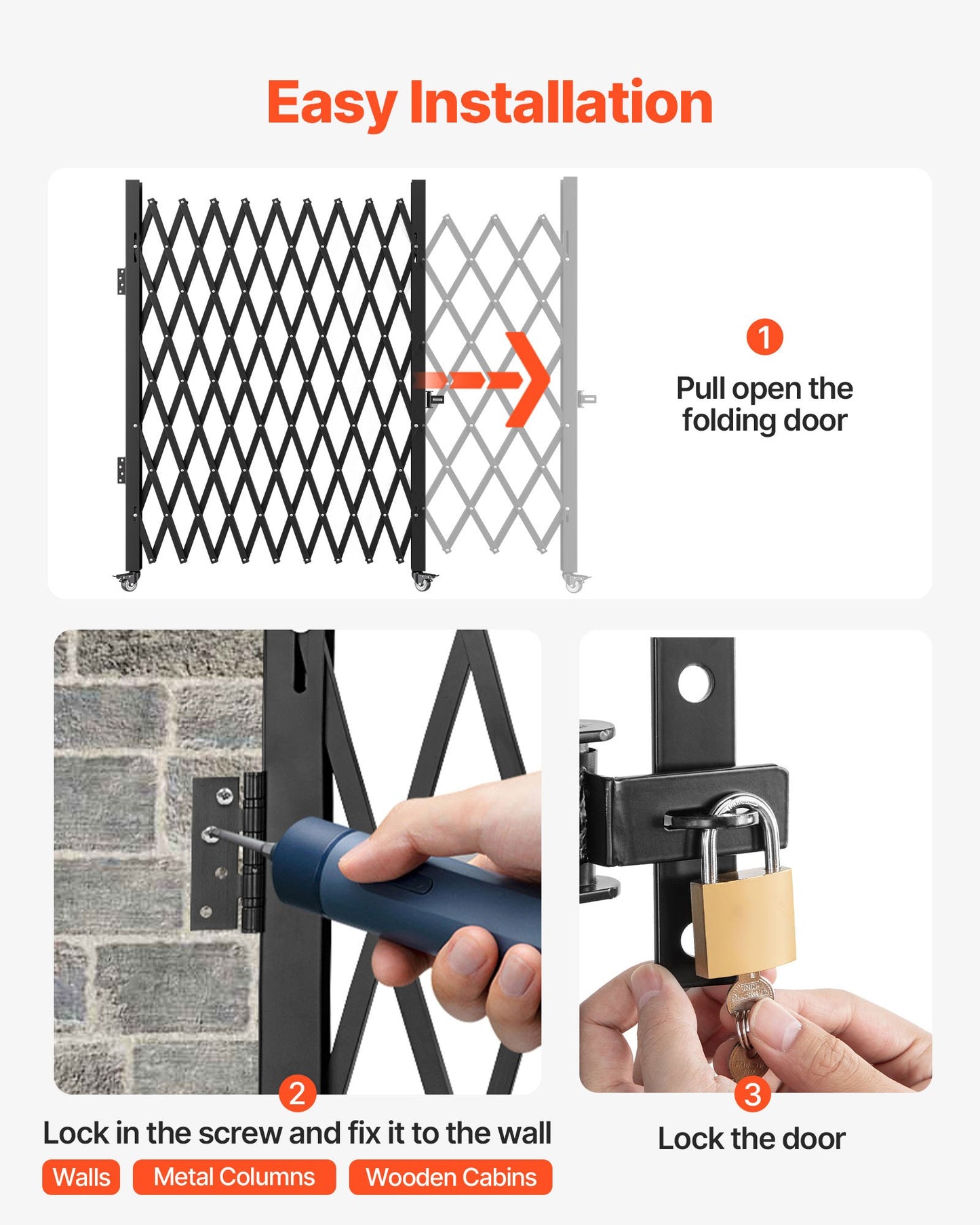 Single Folding Security Gate, 6-1/2\' H x 7-1/2\' W Folding Door Gate, Steel Accordion Security Gate, Flexible Expanding Security Gate, 360° Rolling Barricade Gate, Scissor Gate/Door with Padloc