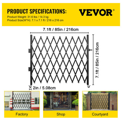 Single Folding Security Gate, 7\' H x 6-1/2\' W Folding Door Gate, Steel Accordion Security Gate, Flexible Expanding Security Gate, 360° Rolling Barricade Gate, Scissor Gate/Door with Padlock