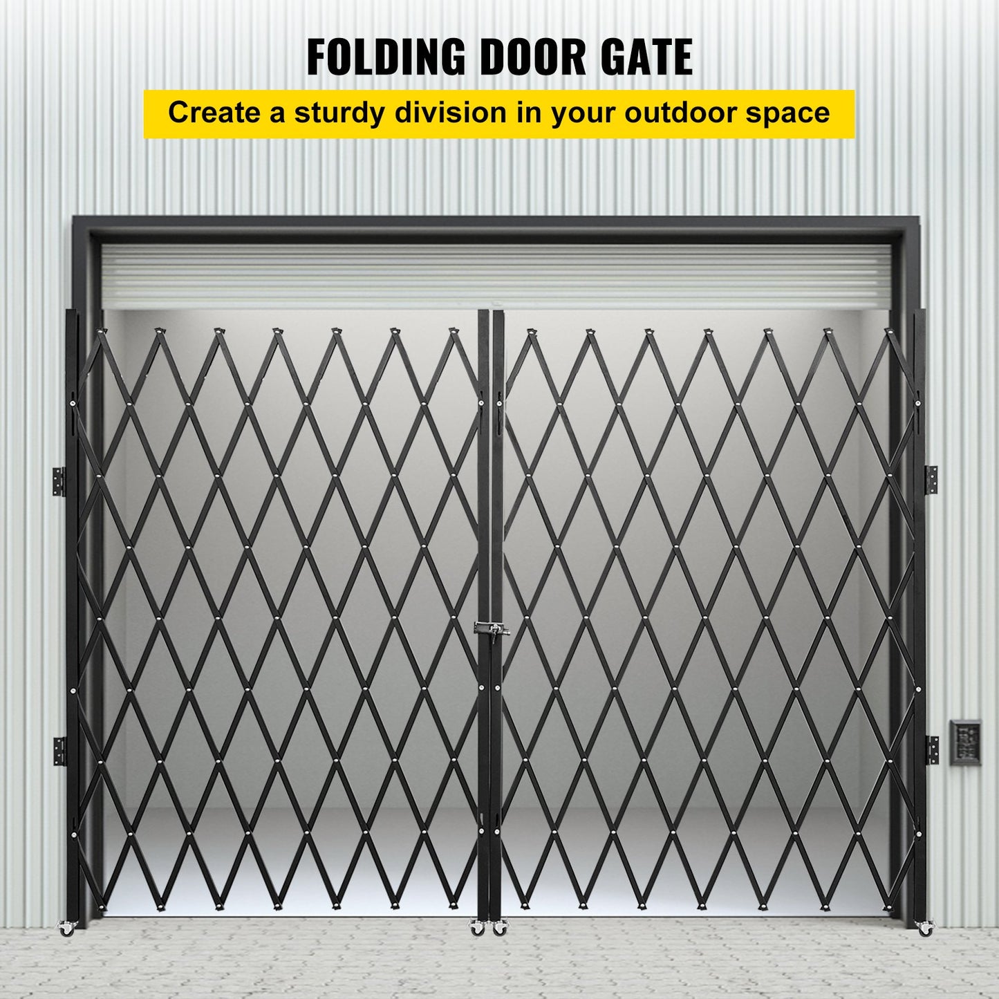 Bi-folding security gate, 6-1/2' H x 12' W folding door gate, steel accordion security gate, flexible expanding security gate, 360° rolling barricade gate, scissor gate or door with keys