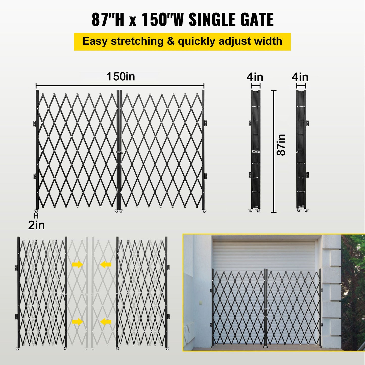 Bi-folding security gate, 6-1/2' H x 12' W folding door gate, steel accordion security gate, flexible expanding security gate, 360° rolling barricade gate, scissor gate or door with keys