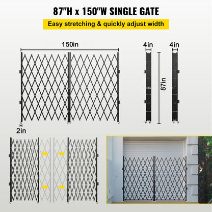 Bi-folding security gate, 6-1/2' H x 12' W folding door gate, steel accordion security gate, flexible expanding security gate, 360° rolling barricade gate, scissor gate or door with keys