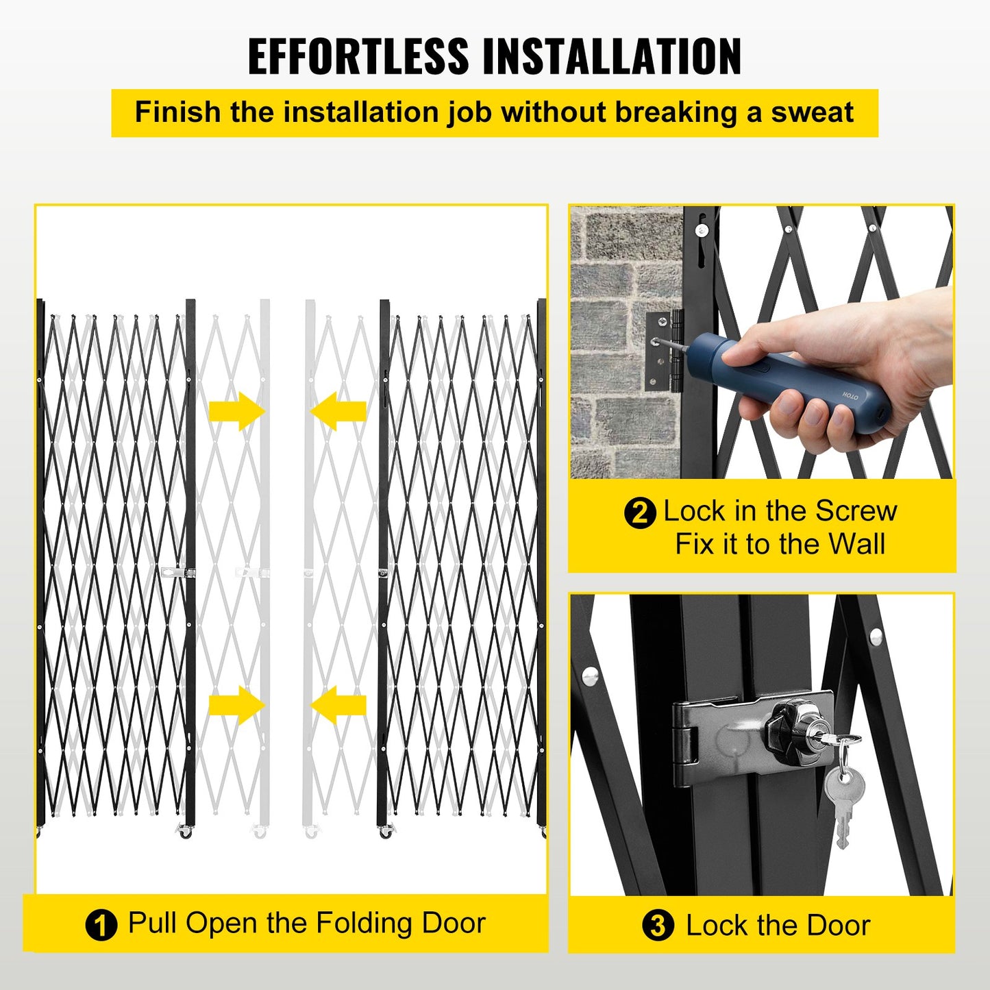 Bi-folding security gate, 6-1/2' H x 12' W folding door gate, steel accordion security gate, flexible expanding security gate, 360° rolling barricade gate, scissor gate or door with keys