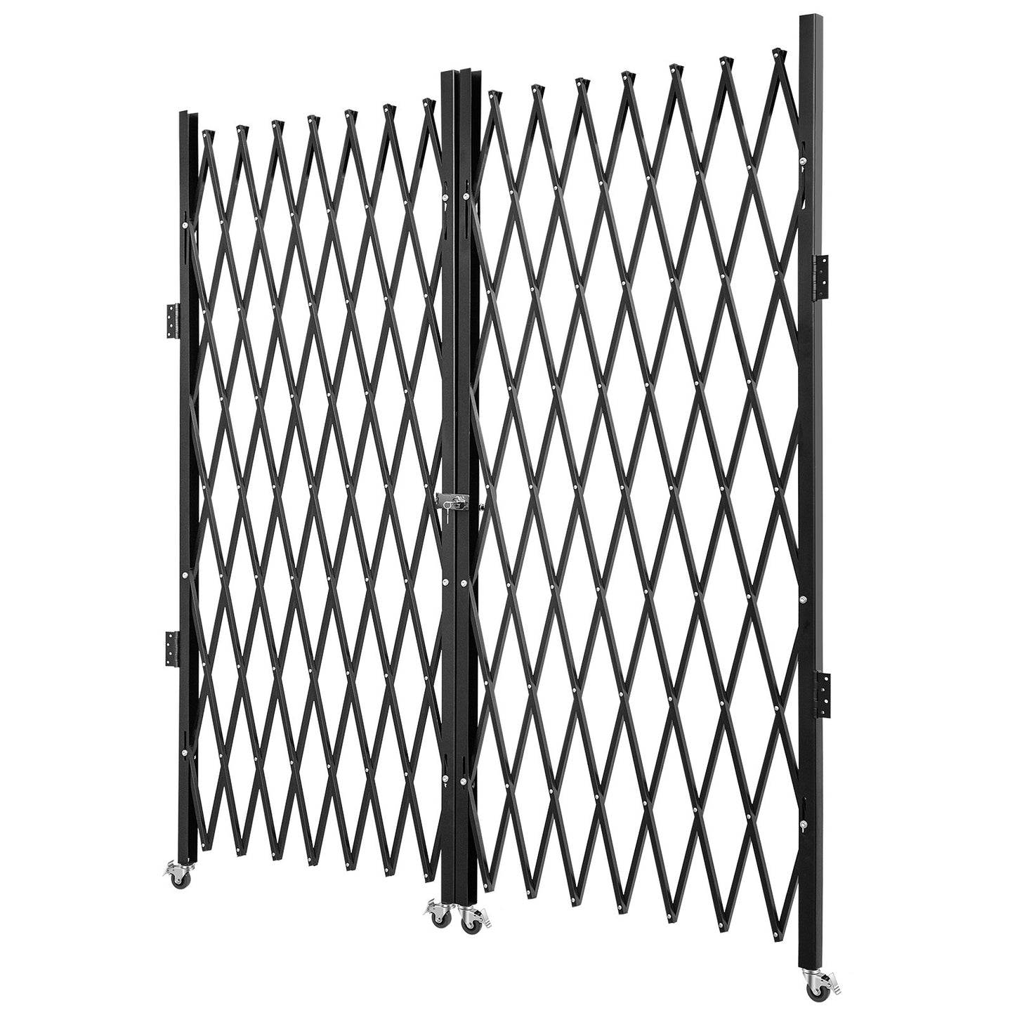 Bi-folding security gate, 6-1/2' H x 12' W folding door gate, steel accordion security gate, flexible expanding security gate, 360° rolling barricade gate, scissor gate or door with keys