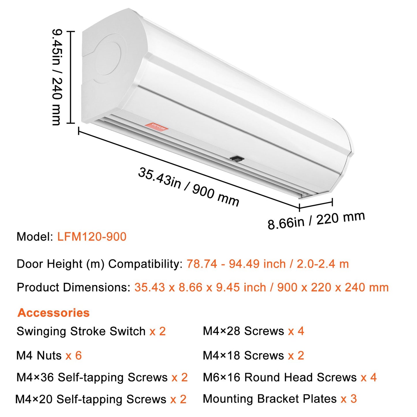 36" Commercial Indoor Air Curtain Super Power 2 Speeds 900CFM, Wall Mounted Air Curtains for Doors, Indoor Over Door Fan with Heavy Duty Limit Switch, Easy-Install 110V Unheated