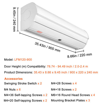 0.9m Commercial Indoor Air Curtain Super Power 2 Speeds 1528m³/h, UL Certified Wall Mounted Air Curtains for Doors, Indoor Over Door Fan with Heavy Duty Limit Switch, Easy Install Unheated