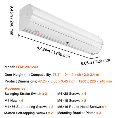 1.2m Commercial Indoor Air Curtain Super Power 2 Speeds 2038m³/h, UL Certified Wall Mounted Air Curtains for Doors, Indoor Over Door Fan with Heavy Duty Limit Switch, Single Install Unheated