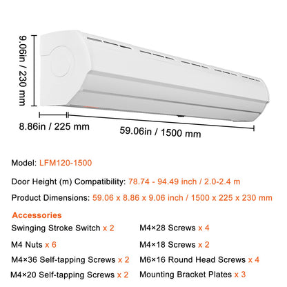 60" Commercial Indoor Air Curtain Super Power 2 Speeds 1500CFM, Wall Mounted Air Curtains for Doors, Indoor Over Door Fan with Heavy Duty Limit Switch, Easy-Install 110V Unheated