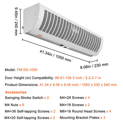 1.1m Commercial Indoor Air Curtain Super Power 2 Speeds 2292m³/h, UL Certified Wall Mounted Air Curtains for Doors, Indoor Over Door Fan with Heavy Duty Limit Switch, Easy Install Unheated