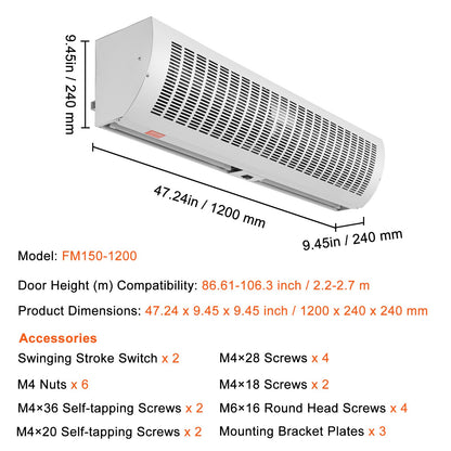 1.2m Commercial Indoor Air Curtain Super Power 2 Speeds 2802m³/h, UL Certified Wall Mounted Air Curtains for Doors, Indoor Over Door Fan with Heavy Duty Limit Switch, Easy Install Unheated
