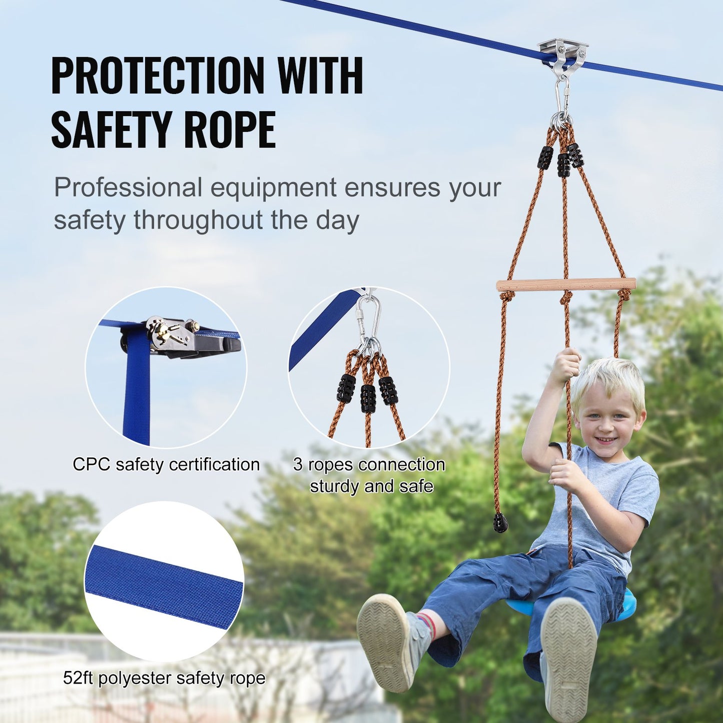 Zipline Kit for Kids and Adults, 52 ft Zip Line Kits up to 330 lb, Backyard Outdoor Quick Setup Zipline, Playground Entertainment with Zipline, Nylon Safety Harness, Seat and Handlebar