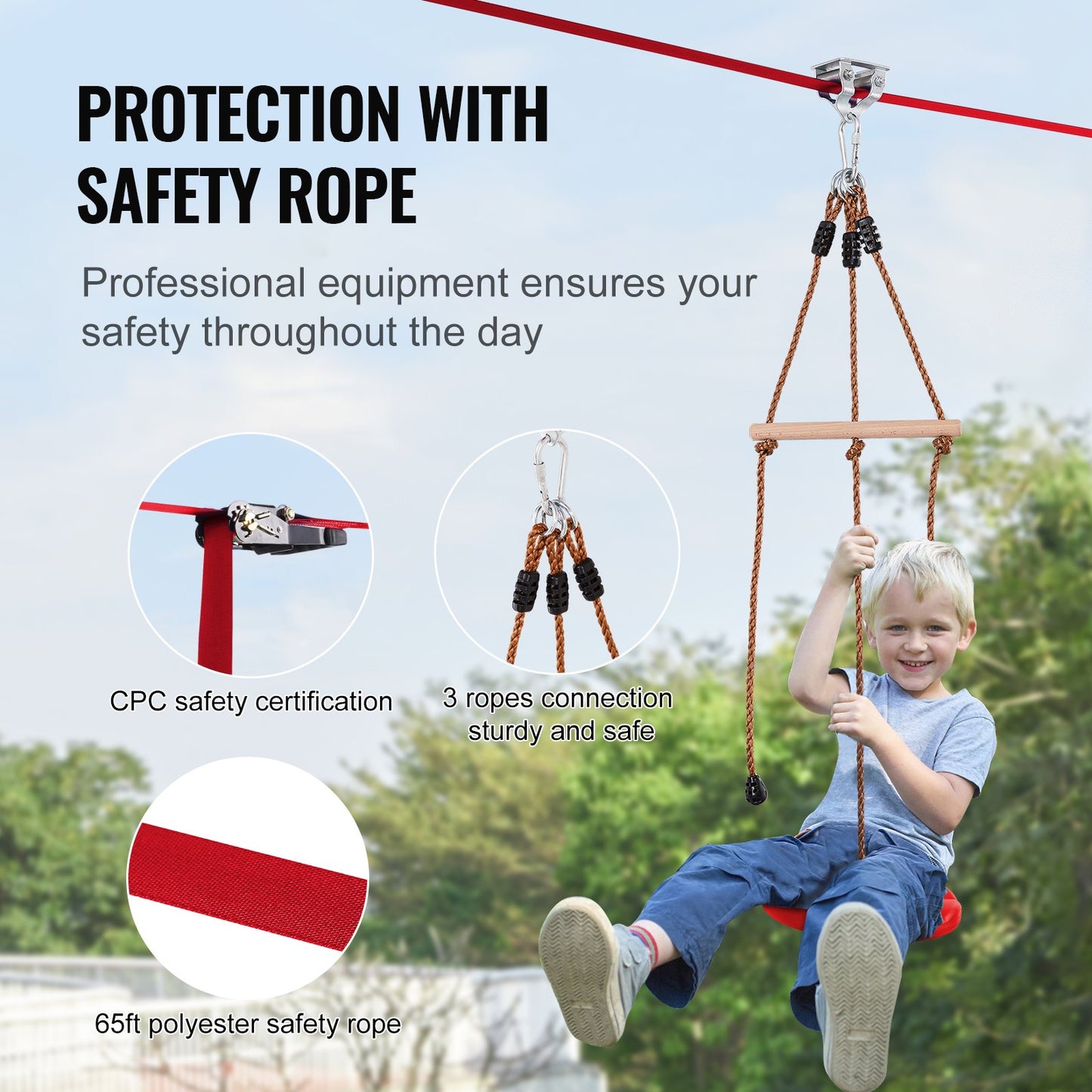 Zipline Kit for Kids and Adults, 65 ft Zip Line Kits up to 330 lb, Backyard Outdoor Quick Setup Zipline, Playground Entertainment with Zipline, Nylon Safety Harness, Seat and Handlebar