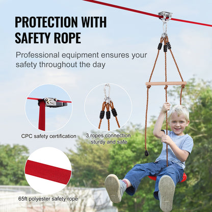 Zipline Kit for Kids and Adults, 65 ft Zip Line Kits up to 330 lb, Backyard Outdoor Quick Setup Zipline, Playground Entertainment with Zipline, Nylon Safety Harness, Seat and Handlebar