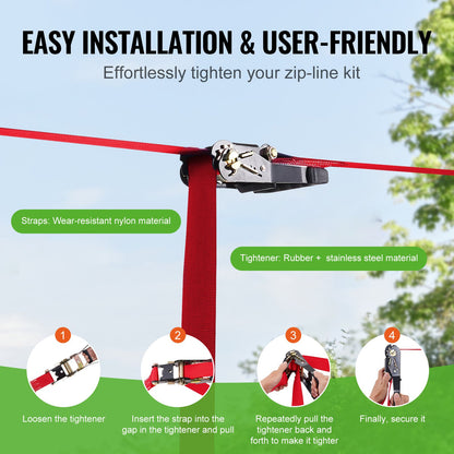 Zipline Kit for Kids and Adults, 65 ft Zip Line Kits up to 330 lb, Backyard Outdoor Quick Setup Zipline, Playground Entertainment with Zipline, Nylon Safety Harness, Seat and Handlebar