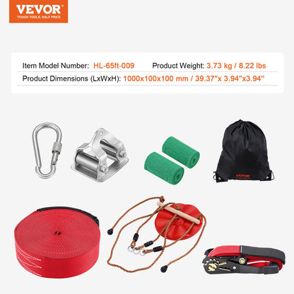 Zipline Kit for Kids and Adult, 65 ft Zip Line Kits Up to 500 lb, Backyard Outdoor Quick Setup Zipline, Playground Entertainment with Zipline, Nylon Safety Harness, Seat, and Handlebar