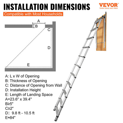 Attic Ladder Telescoping, 350 Pound Capacity, 39.37" x 23.6", Aluminum Multi-Function Extension, Lightweight and Portable, Fits 9.8'-10.5' Ceiling Heights, Convenient Access to Your Attic Space