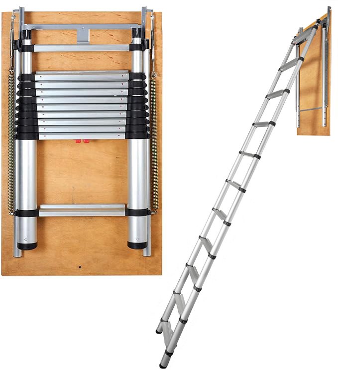 Attic Ladder Telescoping, 350 Pound Capacity, 39.37" x 23.6", Aluminum Multi-Function Extension, Lightweight and Portable, Fits 9.8'-10.5' Ceiling Heights, Convenient Access to Your Attic Space