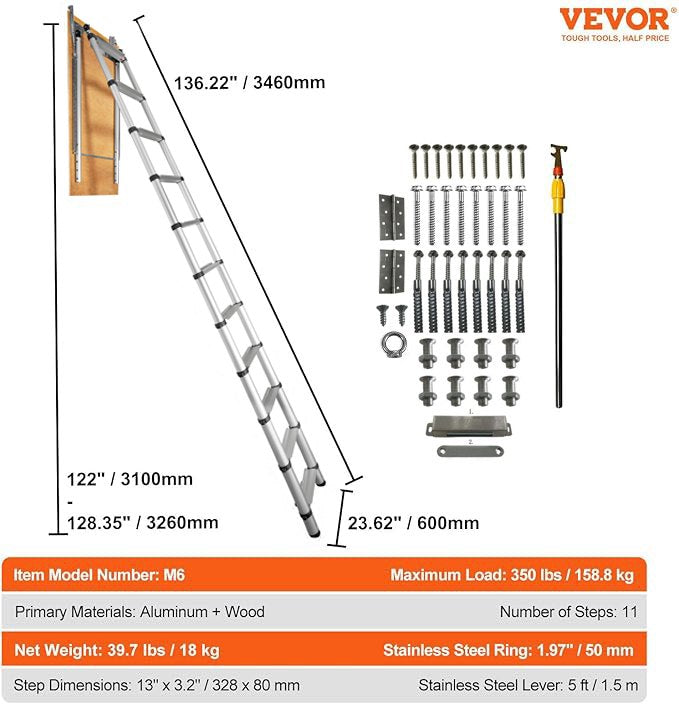 Attic Ladder Telescoping, 350 Pound Capacity, 39.37" x 23.6", Aluminum Multi-Function Extension, Lightweight and Portable, Fits 9.8'-10.5' Ceiling Heights, Convenient Access to Your Attic Space