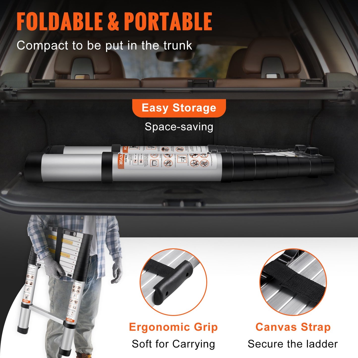 Teleskopstege, 10,5 FT aluminium en-knapps indragbar hopfällbar förlängningsstege, 375 LBS kapacitet med halkfria fötter, bärbar multifunktions kompakt stege för hem, husbil, loft, ANSI listad