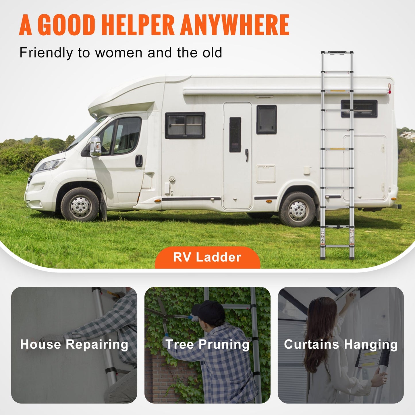 Teleskopstege, 10,5 FT aluminium en-knapps indragbar hopfällbar förlängningsstege, 375 LBS kapacitet med halkfria fötter, bärbar multifunktions kompakt stege för hem, husbil, loft, ANSI listad