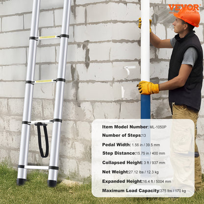 Telescoping Ladder, 16.4FT Aluminum Lightweight Extension Ladder, Multi-button Retraction Collapsible Ladder, 375 LBS Capacity with Non-slip Feet, Portable Compact Ladders for Home, RV, Loft