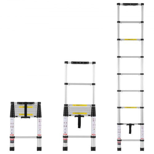 Telescoping Ladder, 8.5FT Aluminum Lightweight Extension Ladder, One-button Retraction Collapsible Ladder, 375 LBS Capacity with Non-slip Feet, Portable Compact Ladders for Home, RV, Loft