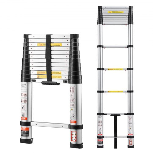 12.5ft Telescoping Ladder, Aluminum Lightweight Multi-Purpose Collapsible Extension, One-Touch Retraction Ladder, Heavy Duty 330LBS Max Capacity with Non-Slip Feet, for Home, Outdoor Work, Loft