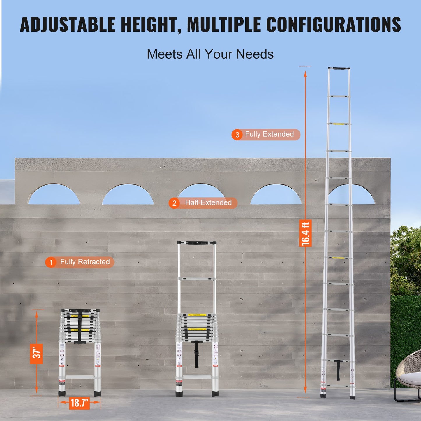 Teleskop-Ausziehleiter, 4,9 m, mit mehreren Knöpfen einziehbar, 180 kg