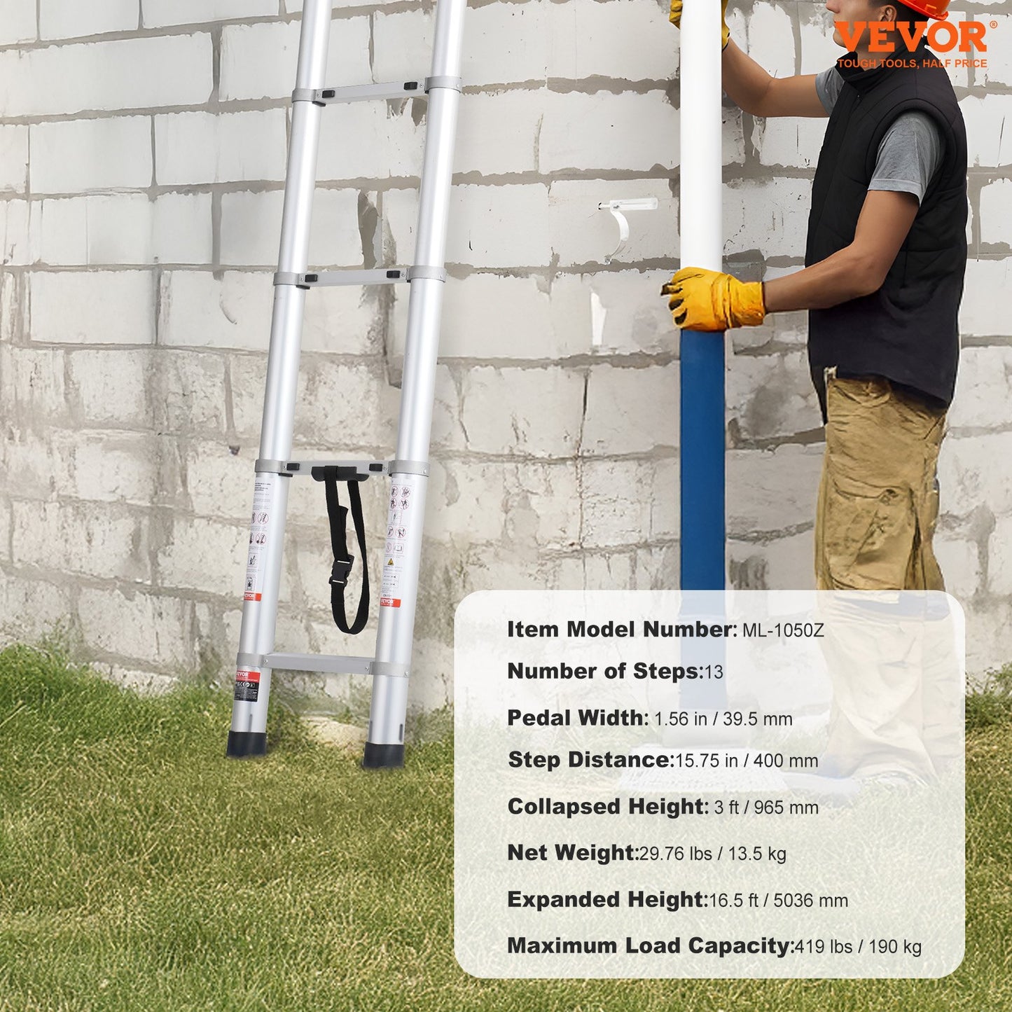 Teleskop-Ausziehleiter, 4,9 m, mit mehreren Knöpfen einziehbar, 180 kg