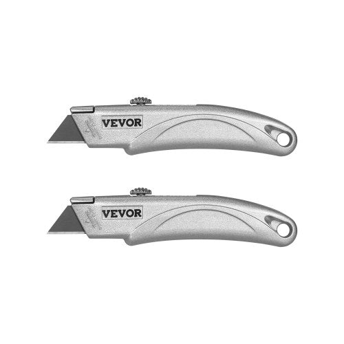 Utility Knife, 2-Pack Retractable Box Cutter, with Aluminum Alloy Case, SK5 Blades and Handle, 3-Position Blade, 5 Blades, Heavy Duty Box Cutter for Leather, Card Board, Rubber Cables, Silver