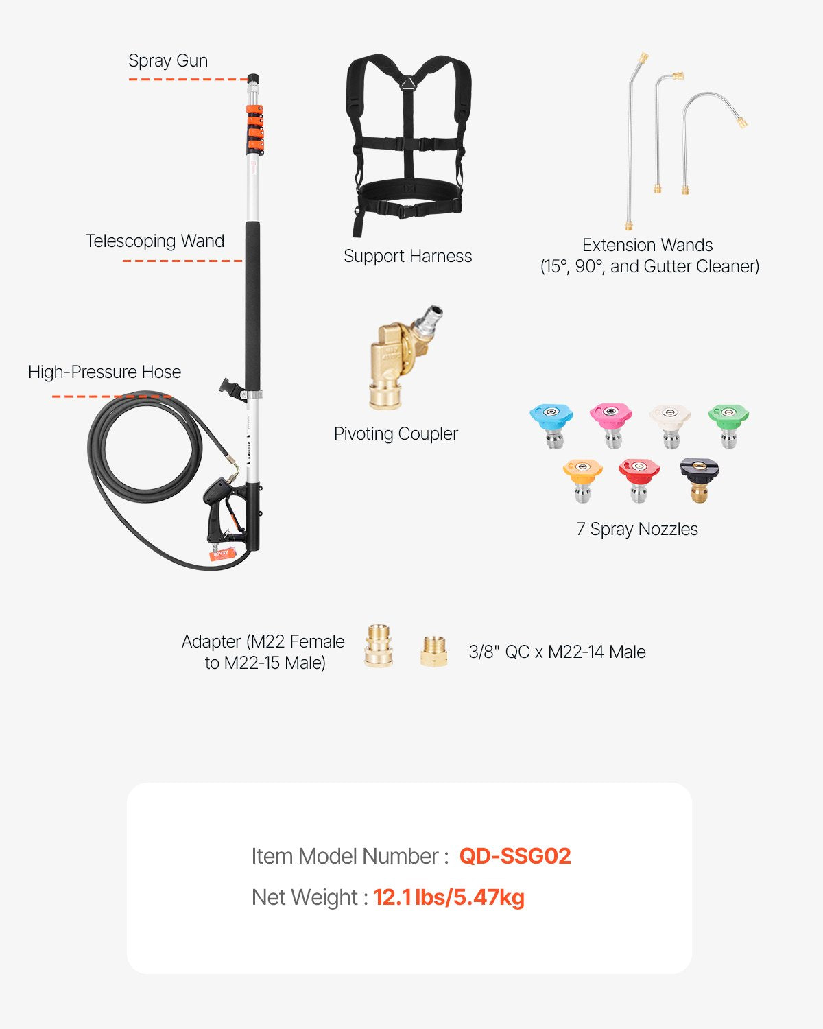 Pressure Washer Telescoping Wand, 24 ft, 4000 psi, Telescopic Spray Wand with Power Washer Extension Wands, Gutter Cleaner, Pivoting Coupler, 7 Spray Nozzle Tips and Adjustable Support Harness