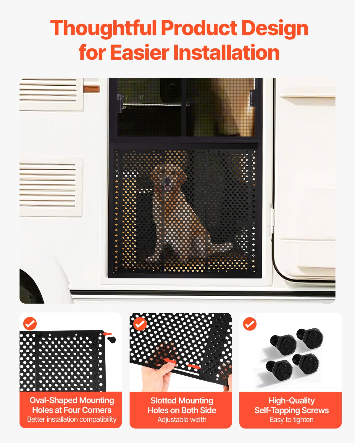 RV Screen Door Protector, Adjusts from 22 to 31.5 inch, Adjustable Door Grille, Easy to Install, Reinforced Breathable Honeycomb Holes, Iron Camper RV Entry Protector for Pet Protection, Black