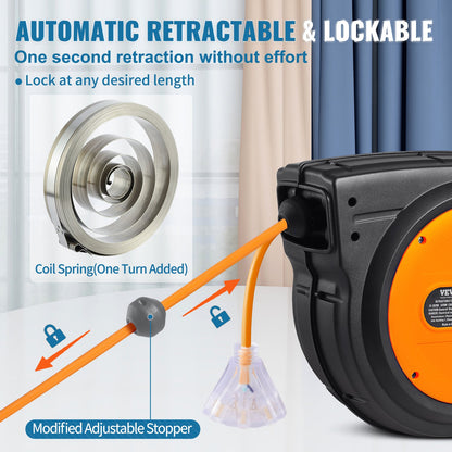 Retractable Extension Cord Reel Power Cord Reel 65FT 12AWG/3C SJTOW