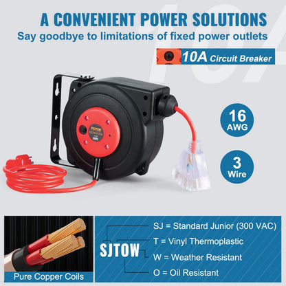 Retractable Extension Cord Reel Power Cord Reel 30FT 16AWG/3C SJTOW