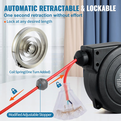 Retractable Extension Cord Reel Power Cord Reel 30FT 16AWG/3C SJTOW