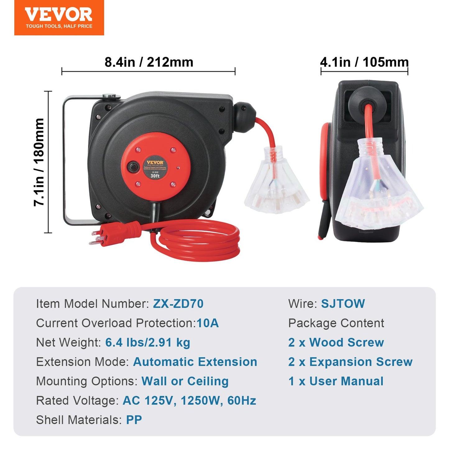 Retractable Extension Cord Reel Power Cord Reel 30FT 16AWG/3C SJTOW