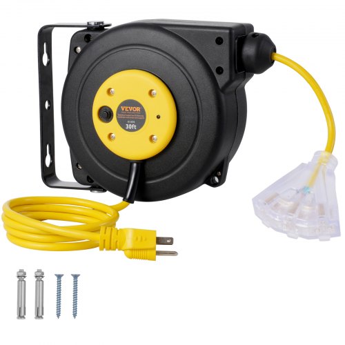 Retractable Extension Cord Reel, 30 FT, Heavy Duty 16AWG/3C SJTOW Retractable Power Cord Reel with Lighted Triple Tap Outlet 10 Amp Circuit Breaker 4.5FT Lead-in Cord, for Ceiling or Wall Mount