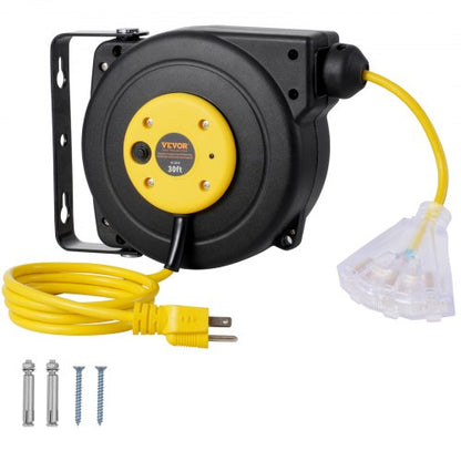 Retractable Extension Cord Reel, 30 FT, Heavy Duty 16AWG/3C SJTOW Retractable Power Cord Reel with Lighted Triple Tap Outlet 10 Amp Circuit Breaker 4.5FT Lead-in Cord, for Ceiling or Wall Mount