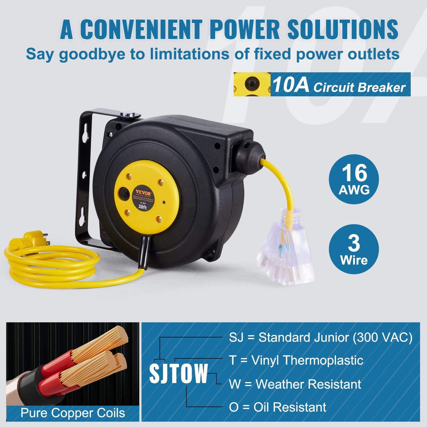 Retractable Extension Cord Reel, 30 FT, Heavy Duty 16AWG/3C SJTOW Retractable Power Cord Reel with Lighted Triple Tap Outlet 10 Amp Circuit Breaker 4.5FT Lead-in Cord, for Ceiling or Wall Mount