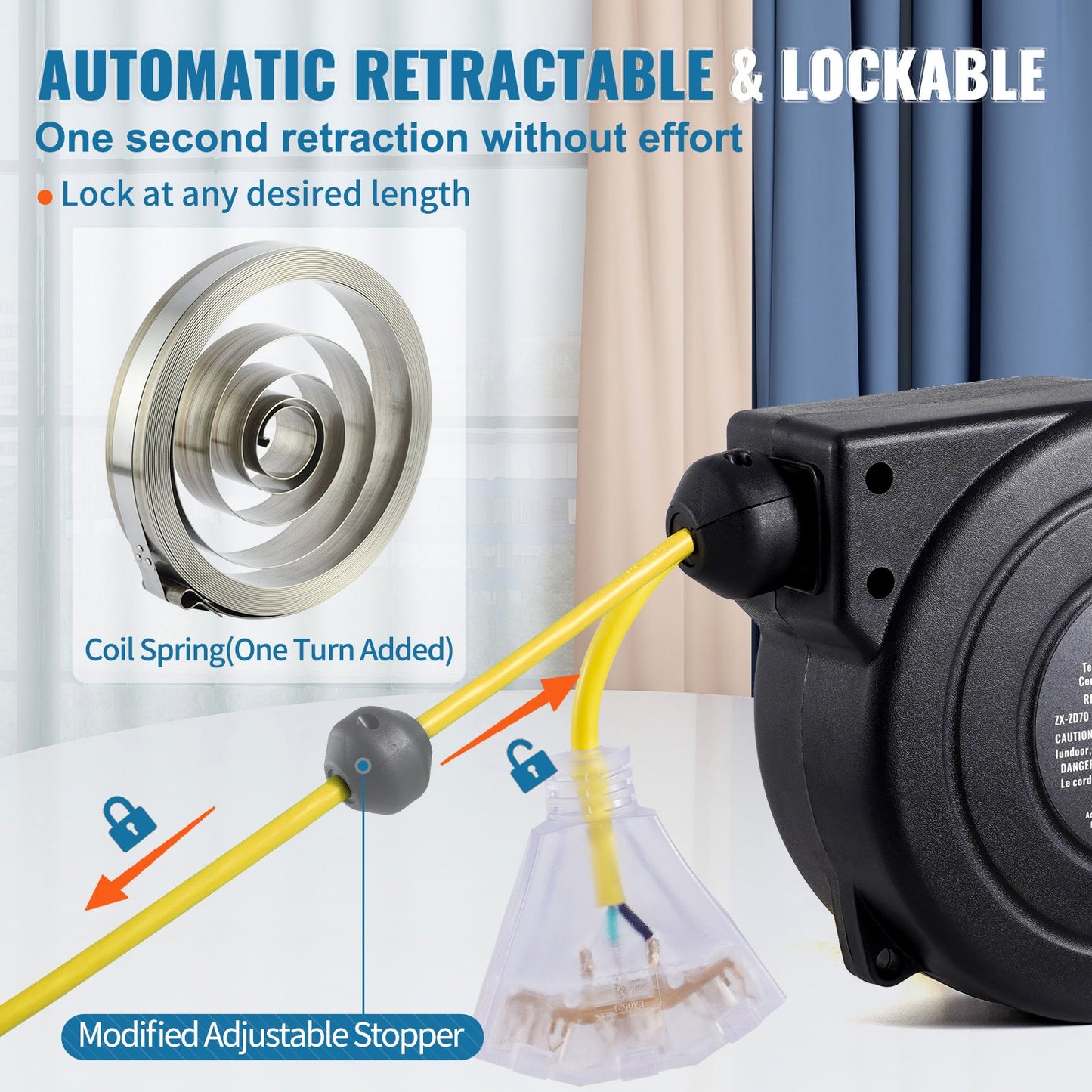 Retractable Extension Cord Reel, 30 FT, Heavy Duty 16AWG/3C SJTOW Retractable Power Cord Reel with Lighted Triple Tap Outlet 10 Amp Circuit Breaker 4.5FT Lead-in Cord, for Ceiling or Wall Mount