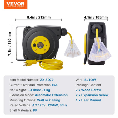 Retractable Extension Cord Reel, 30 FT, Heavy Duty 16AWG/3C SJTOW Retractable Power Cord Reel with Lighted Triple Tap Outlet 10 Amp Circuit Breaker 4.5FT Lead-in Cord, for Ceiling or Wall Mount
