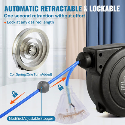 Retractable Extension Cord Reel Power Cord Reel 30FT 16AWG/3C SJTOW